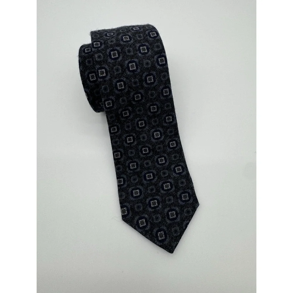 Pavesi Italy Wool Tie Gray Blue Geometric Squares Pattern Textured Necktie